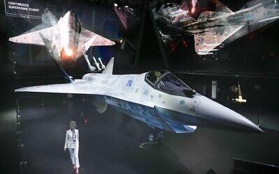 A prototype of Russia's prospective fighter jet is displayed at the MAKS-2021 International Aviation and Space Salon in Zhukovsky outside Zhukovsky, Russia, July 20, 2021. (AP/Alexander Zemlianichenko, Pool)