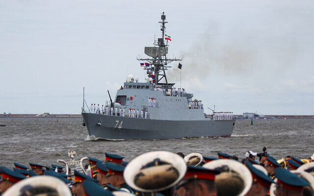 Illustrative: Iranian frigate 'Sahand' of the Southern Fleet of the Islamic Republic of Iran Navy takes part in the military parade during celebrations for Navy Day, in Kronshtadt outside St.Petersburg, Russia, July 25, 2021. (AP Photo)