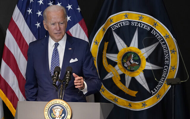 US President Joe Biden speaks during a visit to the Office of the Director of National Intelligence in McLean, Virginia, July 27, 2021. (Susan Walsh/AP) US President Joe Biden speaks during a visit to the Office of the Director of National Intelligence in McLean, Virginia, July 27, 2021. (Susan Walsh/AP)