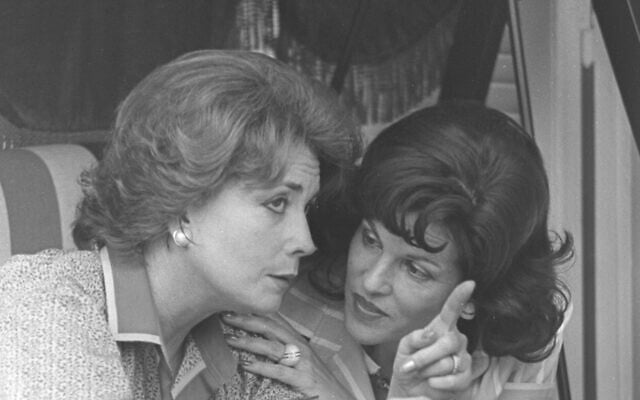 (L TO R) Egyptian First Lady Jehan Sadat with Israeli First Lady Ofira Navon in Anwar Sadat's birthplace, the village of Mit Abul Kom. 1980. (Yaacov Sa'ar/GPO Photo Archive)