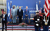 (L-R) US House Foreign Affairs Committee chairman Gregory Meeks, Prime Minister Naftali Bennett and US Embassy in Israel Charge D'affaires Michael Ratney at the US Embassy's Independence Day celebration on July 5, 2021. (Ziv Sokolov/US Embassy in Jerusalem)