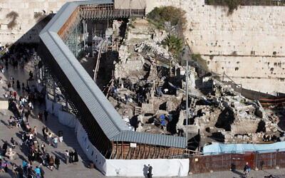 Israel Antiquities Authority workers seen working under the Mughrabi bridge leading to the Al-Aqsa Mosque in the Old City of Jerusalem, December 31 2012. (Sliman Khader/Flash90)