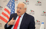 Then-US ambassador to Israel David Friedman during a visit in the West Bank settlement of Efrat, in Gush Etzion, February 20, 2020. (Gershon Elinson/Flash90)