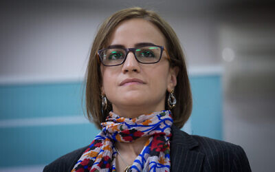 Then Balad MK Heba Yazbak speaks during a press conference in Tel Aviv, February 23, 2021. (Miriam Alster/Flash90)