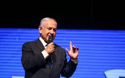Then-Prime Minister Benjamin Netanyahu at a Likud Party election event in the northern Israeli city of Safed, March 8, 2021. (David Cohen/Flash90)