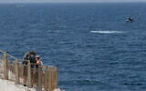 Israeli navy boats are seen from Rosh Hanikra, on the Israeli and Lebanese border in northern Israel, May 4, 2021. (Jamal Awad/Flash90)