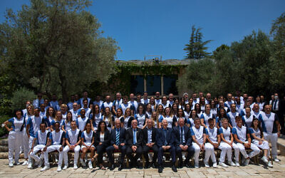 Then-president Reuven Rivlin hosts members of the Israeli Olympic delegation competing in the Tokyo 2020 Games at the President's Residence in Jerusalem, on June 23, 2021. (Olivier Fitoussi/Flash90)