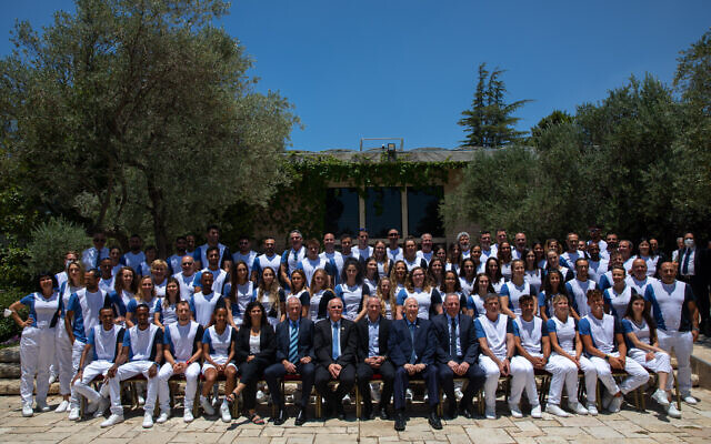 Then-president Reuven Rivlin hosts members of the Israeli Olympic delegation competing in the Tokyo 2020 Games at the President's Residence in Jerusalem, on June 23, 2021. (Olivier Fitoussi/Flash90) Then-president Reuven Rivlin hosts members of the Israeli Olympic delegation competing in the Tokyo 2020 Games at the President's Residence in Jerusalem, on June 23, 2021. (Olivier Fitoussi/Flash90)