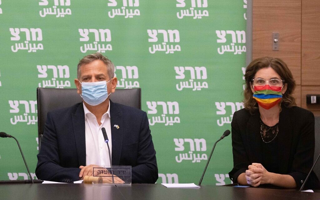 Health Minister Nitzan Horowitz and Environmental Protection Minister Tamar Zandberg attend a Meretz faction meeting at the Knesset on June 28, 2021. (Yonatan Sindel/Flash90) Health Minister Nitzan Horowitz and Environmental Protection Minister Tamar Zandberg attend a Meretz faction meeting at the Knesset on June 28, 2021. (Yonatan Sindel/Flash90)