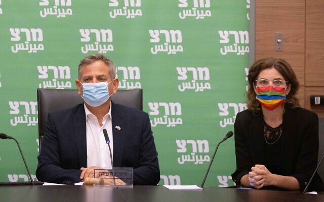 Health Minister Nitzan Horowitz and Environmental Protection Minister Tamar Zandberg attend a Meretz faction meeting at the Knesset on June 28, 2021. (Yonatan Sindel/Flash90)