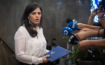 Interior Minister Ayelet Shaked arrives to a cabinet meeting at the Prime Minister's Office in Jerusalem on July 4, 2021.  (Yonatan Sindel/Flash90)