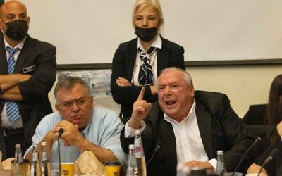 MKs David Amsalem and David Bitan of Likud at the Arrangements Committee meeting at the Knesset in Jerusalem, on July 5, 2021 (Yonatan Sindel/Flash90)
