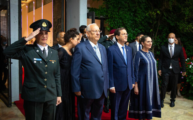 Newly elected Israeli President Isaac Herzog with the outgoing president Reuven Rivlin at a welcoming ceremony in Herzog's honor at the President's Residence in Jerusalem, on July 7, 2021. (Olivier Fitoussi/FLASH90) Newly elected Israeli President Isaac Herzog with the outgoing president Reuven Rivlin at a welcoming ceremony in Herzog's honor at the President's Residence in Jerusalem, on July 7, 2021. (Olivier Fitoussi/FLASH90)