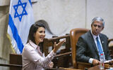 Shirley Pinto, the first deaf Knesset member, speaks during a plenum session on July 12, 2021. (Olivier Fitoussi/Flash90)
