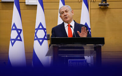 Opposition leader Benjamin Netanyahu leads a Likud faction meeting at the Knesset on July 12, 2021. (Olivier Fitoussi/Flash90)
