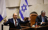 Prime Minister Naftali Bennett speaks during a plenum session in the Knesset on July 12, 2021. (Olivier Fitoussi/Flash90)