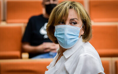 Former Yisrael Beytenu MK Faina Kirshenbaum arrives for her sentencing at the Tel Aviv District Court on July 14, 2021, charged with corruption crimes including bribery, fraud and money laundering. (Avshalom Sassoni/Flash90)