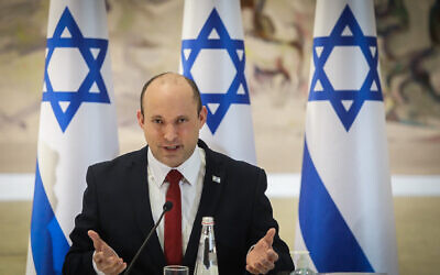 Prime Minister Naftali Bennett at a cabinet meeting at the Knesset in Jerusalem, July 19, 2021. (Marc Israel Sellem/POOL)