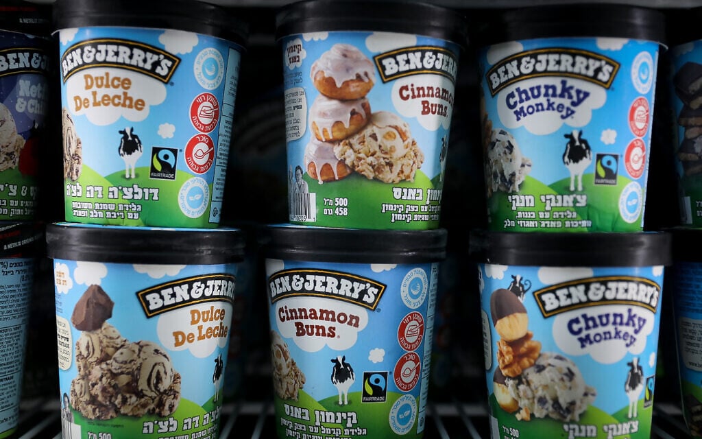 Ben & Jerry's ice cream on sale at a shop in Jerusalem, on July 19, 2021. (Yonatan Sindel/Flash90)