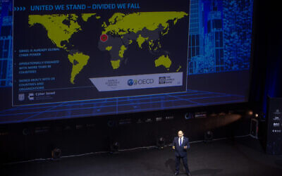 Prime Minister Naftali Bennett speaks at the annual Cyber Week, at the Tel Aviv University, on July 21, 2021. (Miriam Alster/FLASH90)