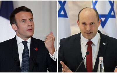 French President Emmanuel Macron and Prime Minister Naftali Bennett. (Benoit Tessier/Pool/AFP; Marc Israel Sellem/Pool)