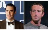 This combination of file photos shows actor-comedian Sacha Baron Cohen (left) at a screening of the Oscars on April 26, 2021 in Sydney, Australia, and Facebook CEO Mark Zuckerberg (right) in New York, on October 25, 2019. (AP/Rick Rycroft, Pool, Mark Lennihan)