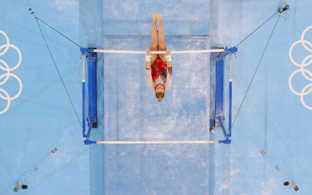 Liliia Akhaimova of Team ROC competes on uneven bars during Women's Qualification on day two of the Tokyo 2020 Olympic Games at Ariake Gymnastics Centre, on July 25, 2021, in Tokyo, Japan. (Laurence Griffiths/Getty Images via JTA)