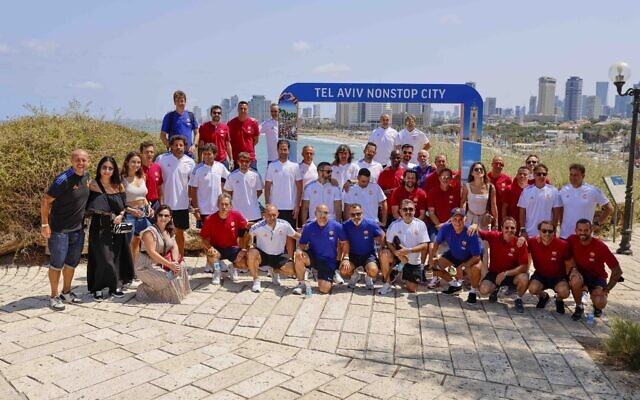 Retired players from Spanish soccer league rivals FC Barcelona and Real Madrid CF toured the ancient port city of Jaffa on July 20, 2021, ahead of the planned exhibition match at Jaffa's Bloomfield Stadium. (Courtesy: Guy Yechiely)