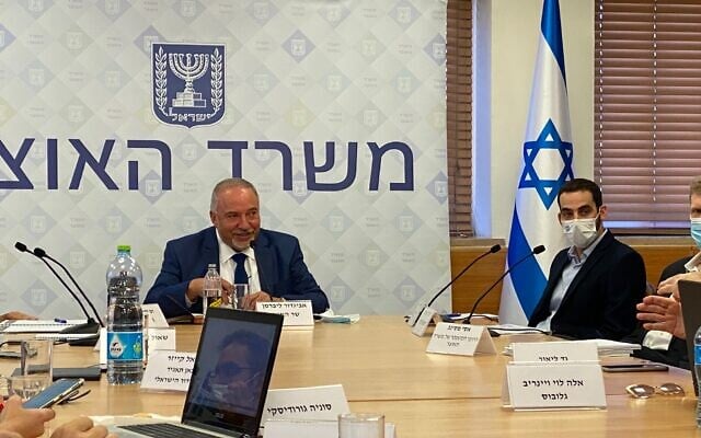 Finance Minister Avigdor Liberman at a press briefing with journalists in Jerusalem (Shoshanna Solomon/Times of Israel) Finance Minister Avigdor Liberman at a press briefing with journalists in Jerusalem (Shoshanna Solomon/Times of Israel)