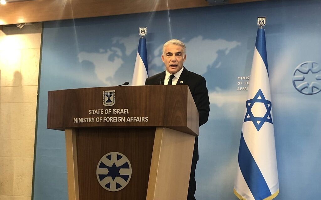 Foreign Minister Yair Lapid speaks during a briefing at the Foreign Ministry in Jerusalem, on July 25, 2021. (Lazar Berman/ Times of Israel) Foreign Minister Yair Lapid speaks during a briefing at the Foreign Ministry in Jerusalem, on July 25, 2021. (Lazar Berman/ Times of Israel)