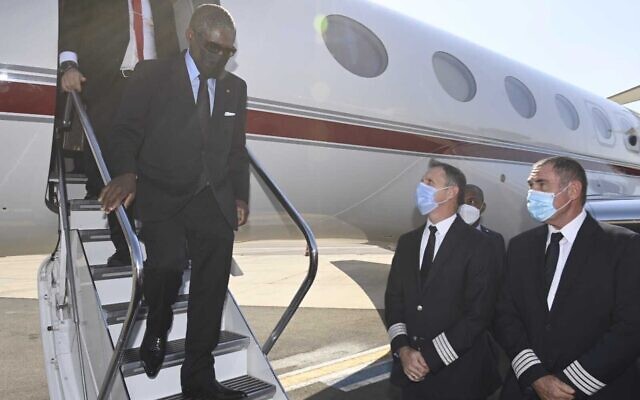 Equatorial Guinea Vice President Teodoro Nguema Obiang Mangue arrives in Israel on July 11, 2021. (Courtesy) Equatorial Guinea Vice President Teodoro Nguema Obiang Mangue arrives in Israel on July 11, 2021. (Courtesy)
