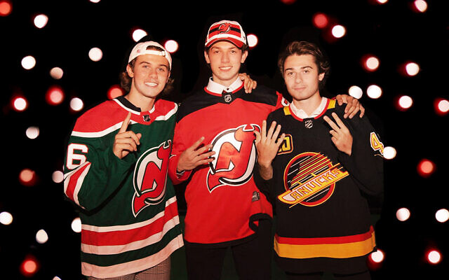 From left, the brothers Hughes: Jack, Luke and Quinn. (@_quinnhughes on Instagram; background via Getty Images, JTA) From left, the brothers Hughes: Jack, Luke and Quinn. (@_quinnhughes on Instagram; background via Getty Images, JTA)
