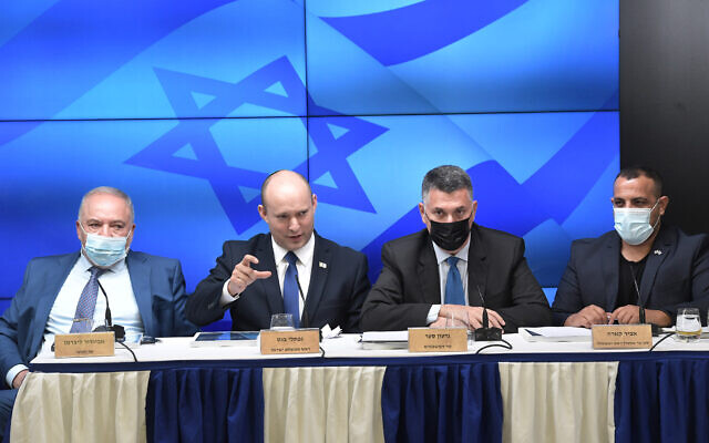 Finance Minister Avigdor Liberman, left to right, Prime Minister Naftali Bennett, Justice Minister Gideon Sa'ar and deputy minister Abir Kara present new plan to cut back Israeli red tape; Jerusalem , July 6, 2021 (Kobi Gideon / GPO) Finance Minister Avigdor Liberman, left to right, Prime Minister Naftali Bennett, Justice Minister Gideon Sa'ar and deputy minister Abir Kara present new plan to cut back Israeli red tape; Jerusalem , July 6, 2021 (Kobi Gideon / GPO)