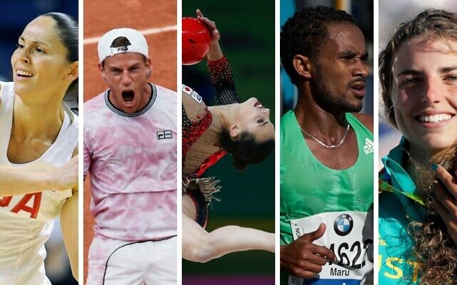 Jewish and Israeli athletes set to compete in the upcoming Tokyo Olympics, from left: Sue Bird, Diego Schwartzman, Linoy Ashram, Maru Teferi, Jessica Fox. (Courtesy: AP/Jessica Hill; AP/Thibault Camus, AP/Efrem Lukatsky; Denis Barthel, CC BY-SA 4.0; AP/Kirsty Wigglesworth)