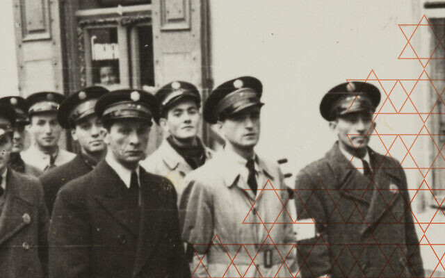 Members of the Jewish Order Service pictured in an undated photo detail from the cover of 'Warsaw Ghetto Police: The Jewish Order Service During the Nazi Occupation,' by historian Katarzyna Person. (Courtesy Cornell University Press)