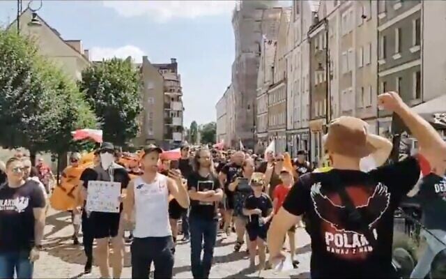 Marchers at a rally in Glogow, Poland, July 18, 2021. (Screenshot from YouTube via JTA) Marchers at a rally in Glogow, Poland, July 18, 2021. (Screenshot from YouTube via JTA)