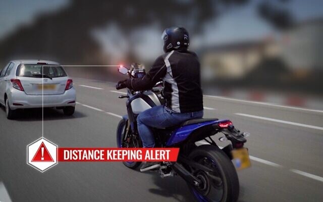 The Ride Vision system warns riders of other vehicles and dangers with a flashing signal on the rearview mirror. (Ride Vision) The Ride Vision system warns riders of other vehicles and dangers with a flashing signal on the rearview mirror. (Ride Vision)