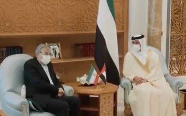 Sheikh Mansour bin Zayed Al Nahyan, the UAE deputy prime minister, right, meets with Iranian charge d'affaires Sayed Mohammad Hosseini in Abu Dhabi, United Arab Emirates, July 7, 2021. (Screen capture: Twitter) Sheikh Mansour bin Zayed Al Nahyan, the UAE deputy prime minister, right, meets with Iranian charge d'affaires Sayed Mohammad Hosseini in Abu Dhabi, United Arab Emirates, July 7, 2021. (Screen capture: Twitter)