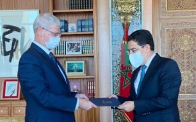 Foreign Ministry Director-General Alon Ushpiz delivers a letter from Foreign Minister Yair Lapid to his Moroccan counterpart Nasser Bourita in Rabat, July 7, 2021 (Reut Shafir Ben Naftali)