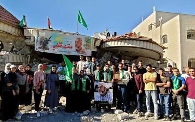 Birzeit University students visit the demolished home of Muntasir Shalabi in Turmus Ayya on July 14, 2021. (Courtesy)