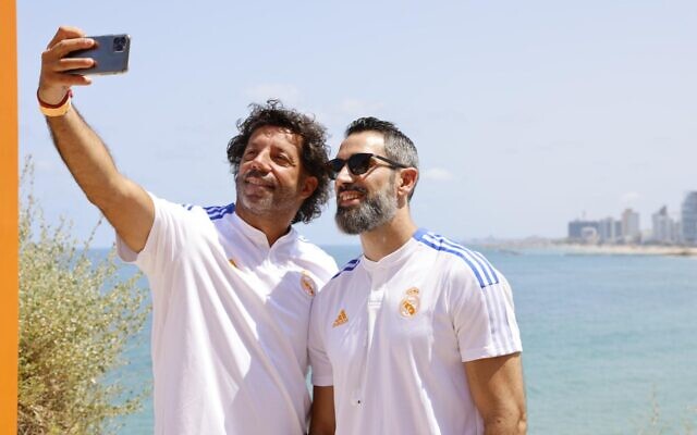 Retired players from Spanish soccer league rivals FC Barcelona and Real Madrid CF toured the ancient port city of Jaffa on July 20, 2021, ahead of the planned exhibition match at Jaffa's Bloomfield Stadium. (Courtesy: Guy Yechiely)