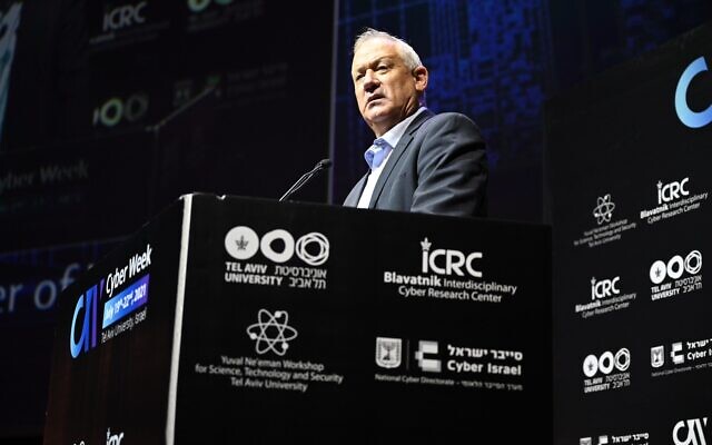 Defense Minister Benny Gantz speaks during Tel Aviv University's cyber week conference on July 20, 2021. (Tal Oz/Defense Ministry) Defense Minister Benny Gantz speaks during Tel Aviv University's cyber week conference on July 20, 2021. (Tal Oz/Defense Ministry)