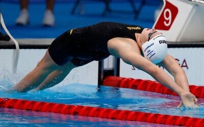 Israeli swimmer Anastasia Gorbenko competes during the 100-meter backstroke final at the Tokyo 2020 Olympic Games on July 27, 2021. (Amit Shisel/Israel Olympic Committee) Israeli swimmer Anastasia Gorbenko competes during the 100-meter backstroke final at the Tokyo 2020 Olympic Games on July 27, 2021. (Amit Shisel/Israel Olympic Committee)