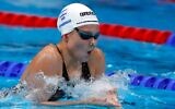 Israeli swimmer Anastasia Gorbenko competes during the 200-meter individual medley semi-final at the Tokyo 2020 Olympic Games, on July 26, 2021. (Amit Shisel/Israel Olympic Committee)