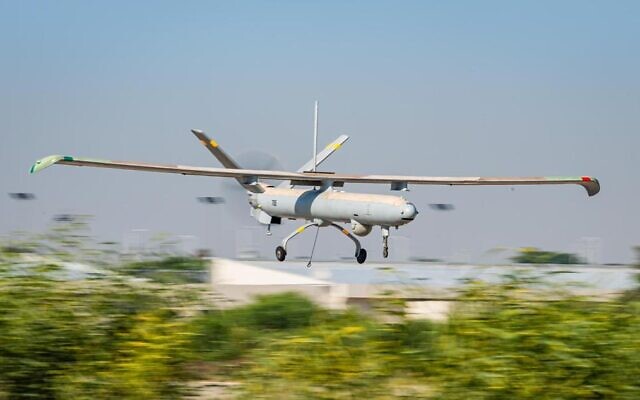An Israeli Hermes-450 unmanned aerial vehicle flies during an international exercise, dubbed Blue Guardian, which launched on July 12, 2021. (Israel Defense Forces)