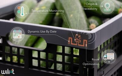 Wiliot chips can tag onto crates and products to provide info about their environment and location (Courtesy)