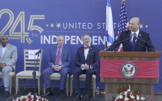 Prime Minister Naftali Bennett speaks at the US Embassy in Jerusalem's Fourth of July party, on July 6, 2021. (Screen capture/YouTube) Prime Minister Naftali Bennett speaks at the US Embassy in Jerusalem's Fourth of July party, on July 6, 2021. (Screen capture/YouTube)