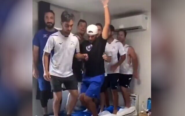 Israel's Olympic baseball team jump on a bed in the Tokyo's Olympic Village, in a video released on TikTok. (Video screenshot) Israel's Olympic baseball team jump on a bed in the Tokyo's Olympic Village, in a video released on TikTok. (Video screenshot)