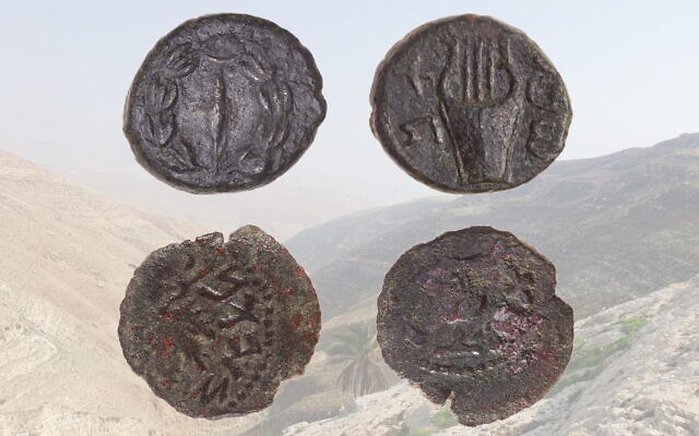 Top: a coin from around 134-135 CE found in Wadi Rashash. Bottom: a coin from around 67-68 CE found at Khirbat Jib’it. Background: Wadi Rashash in the West Bank. (Tal Rogovsky, Yechezkel Blumstein / courtesy) Top: a coin from around 134-135 CE found in Wadi Rashash. Bottom: a coin from around 67-68 CE found at Khirbat Jib’it. Background: Wadi Rashash in the West Bank. (Tal Rogovsky, Yechezkel Blumstein / courtesy)