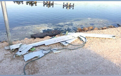 The remains of an alleged Iranian drone that was downed over northern Israel, parts of which fell in a fish pond in Kibbutz Maoz Haim, on May 14, 2021. (Israel Defense Forces)